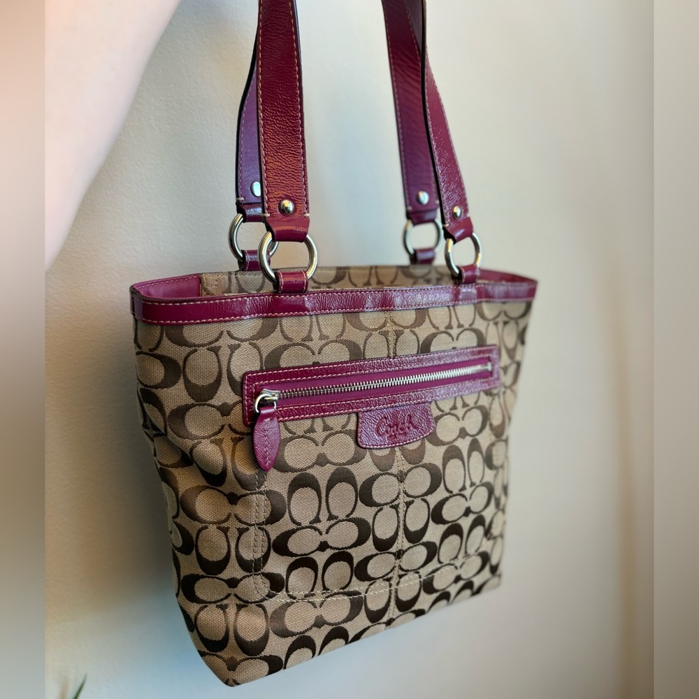 Coach Beige Signature Canvas Tote with Pink Trim - Picture 3 of 8
